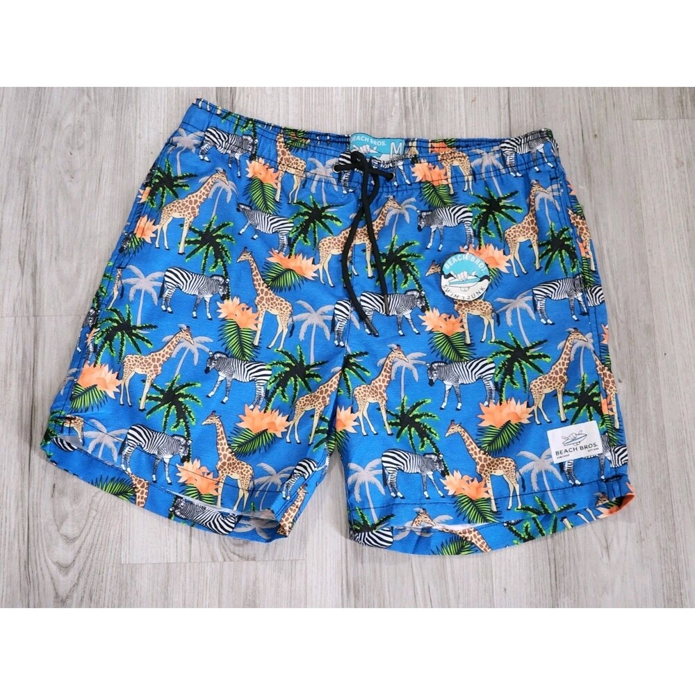 Men’s Beach Bros Safari Animals Palm trees Swim Trunks Size M 6" Inseam New